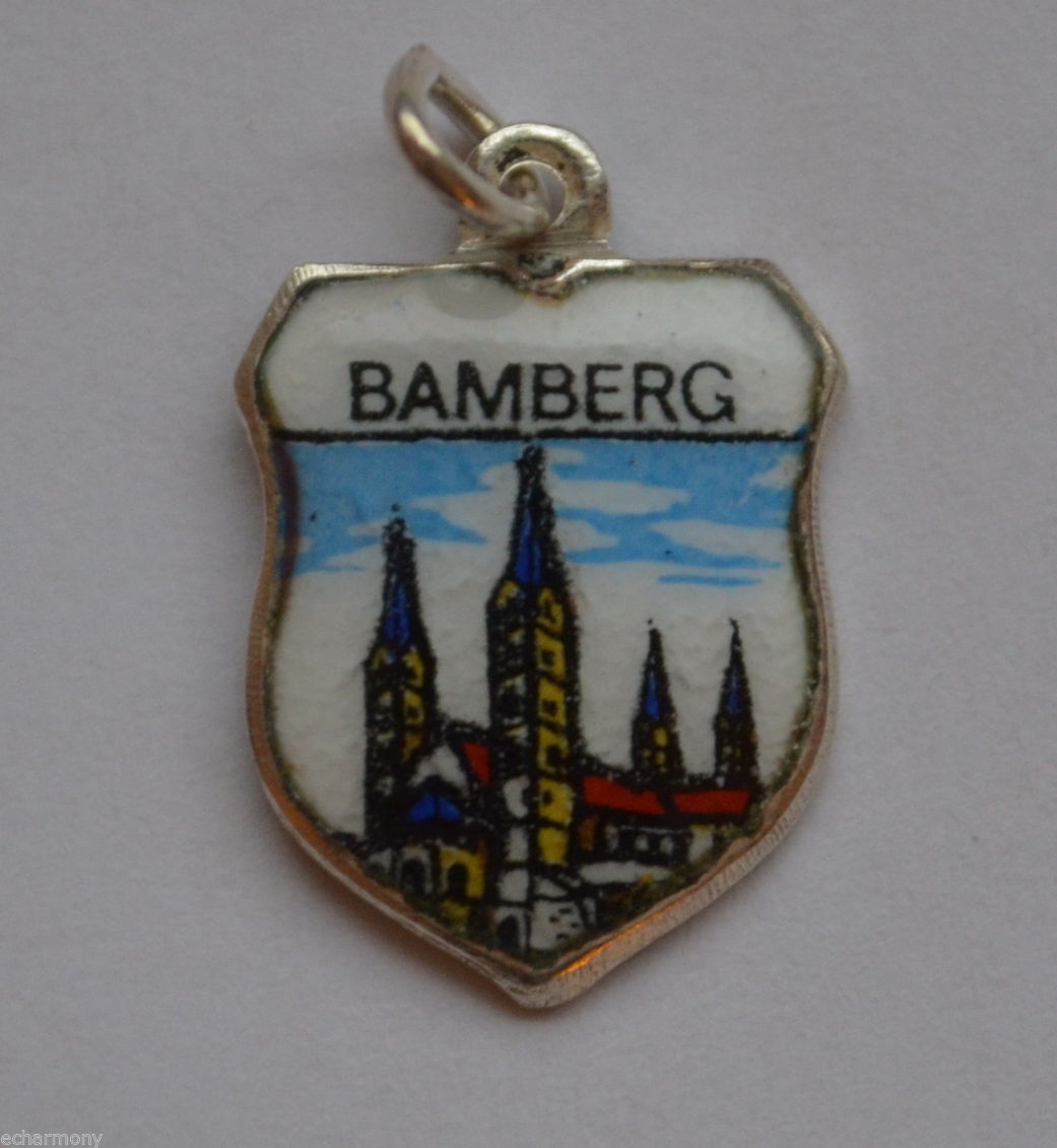 Bamberg GERMANY - Cathedral - Vintage Silver Enamel Travel Shield Charm - Click Image to Close